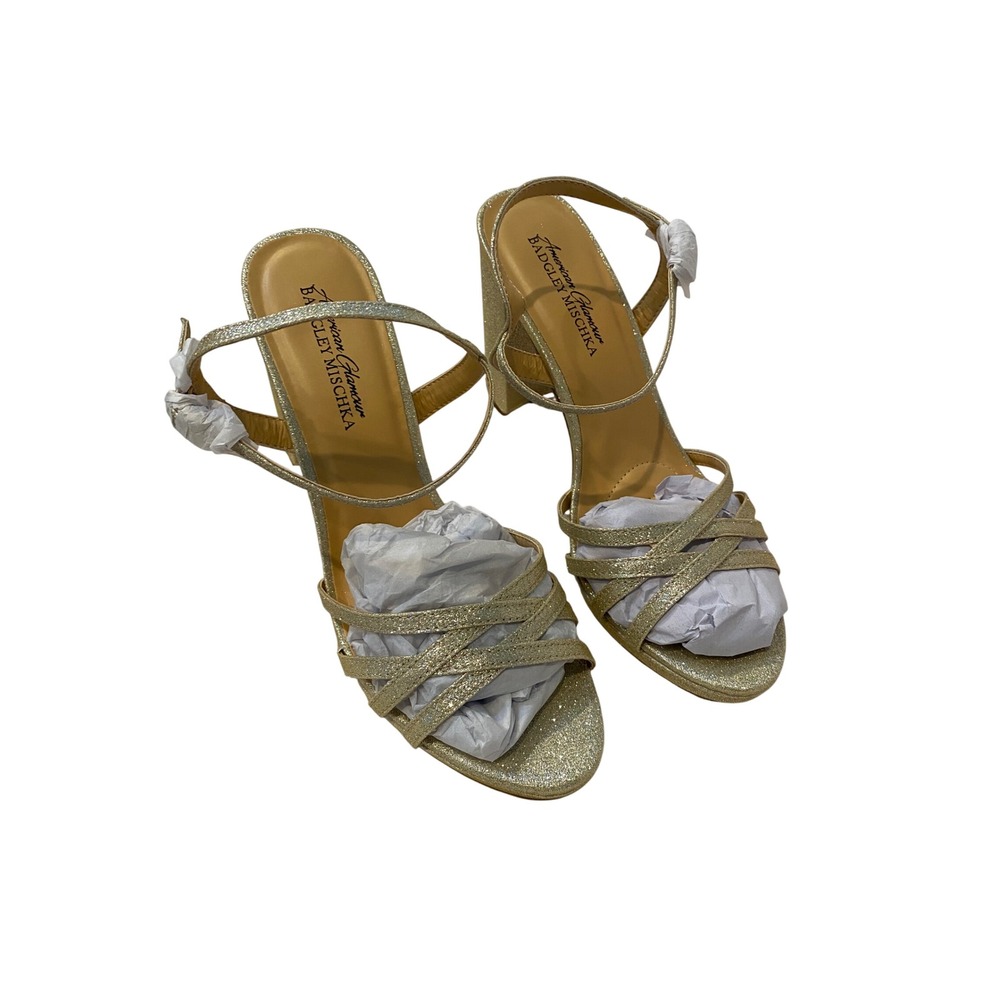 American Glamour Badgley Mischka Kyleen Gold Glitter Block Heel Sandals 9 M
